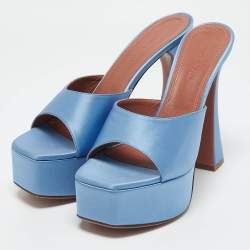 Amina Muaddi Blue Satin Dalida Platform Slide Sandals Size 39