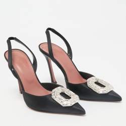 Amina Muaddi Black Satin Camelia Slingback Pumps Size 38.5