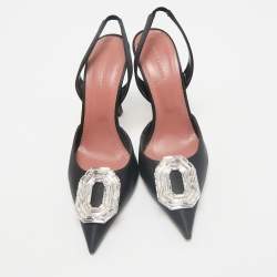 Amina Muaddi Black Satin Camelia Slingback Pumps Size 38.5