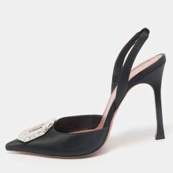 Amina Muaddi Black Satin Camelia Slingback Pumps Size 38.5