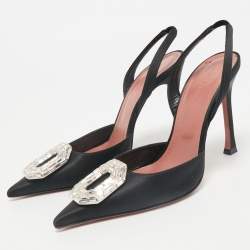 Amina Muaddi Black Satin Camelia Slingback Pumps Size 38.5