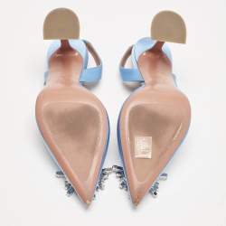 Pre Owned Amina Muaddi Blue Satin Begum Embellished Slingback Pumps Size 38