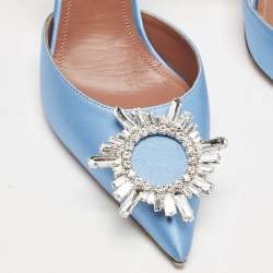 Pre Owned Amina Muaddi Blue Satin Begum Embellished Slingback Pumps Size 38