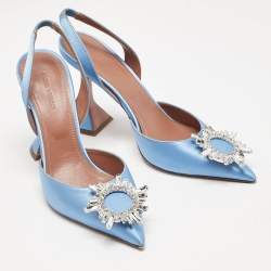 Pre Owned Amina Muaddi Blue Satin Begum Embellished Slingback Pumps Size 38