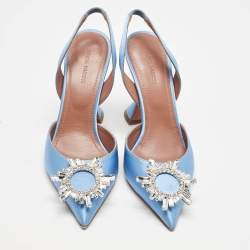 Pre Owned Amina Muaddi Blue Satin Begum Embellished Slingback Pumps Size 38