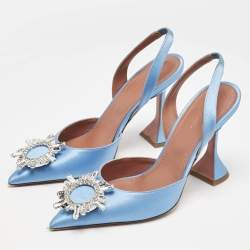 Pre Owned Amina Muaddi Blue Satin Begum Embellished Slingback Pumps Size 38