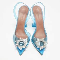 Amina Muaddi Blue PVC Begum Crystal Embellished Slingback Pumps Size 41