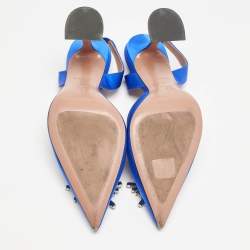 Amina Muaddi Blue Satin Begum Crystal Embellished Slingback Pumps Size 41