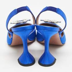 Amina Muaddi Blue Satin Begum Crystal Embellished Slingback Pumps Size 41