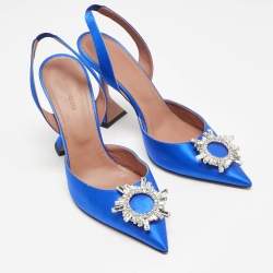 Amina Muaddi Blue Satin Begum Crystal Embellished Slingback Pumps Size 41