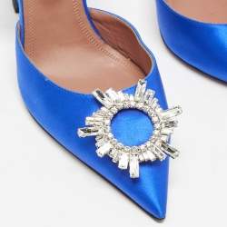 Amina Muaddi Blue Satin Begum Crystal Embellished Slingback Pumps Size 41