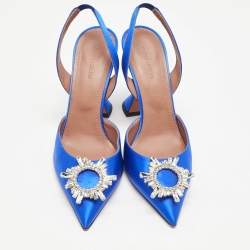 Amina Muaddi Blue Satin Begum Crystal Embellished Slingback Pumps Size 41