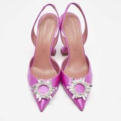 Amina Muaddi Pink Satin Begum Crystal Embellished Slingback Pumps Size 41