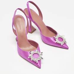 Amina Muaddi Pink Satin Begum Crystal Embellished Slingback Pumps Size 41
