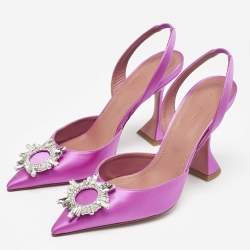 Amina Muaddi Pink Satin Begum Crystal Embellished Slingback Pumps Size 41