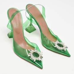 Pre Owned Amina Muaddi Green PVC Begum Crystal Embellished Slingback Pumps Size 41