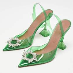 Pre Owned Amina Muaddi Green PVC Begum Crystal Embellished Slingback Pumps Size 41