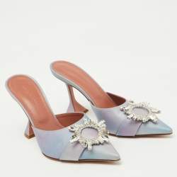 Pre Owned Amina Muaddi Purple Iridescent PVC Begum Crystal Embellished Mules Size 38
