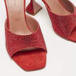 Pre Owned Amina Muaddi Red Suede Lupita Crystals Slide Sandals Size 39