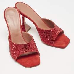 Pre Owned Amina Muaddi Red Suede Lupita Crystals Slide Sandals Size 39