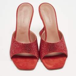 Pre Owned Amina Muaddi Red Suede Lupita Crystals Slide Sandals Size 39