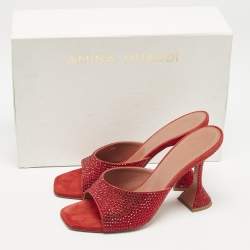 Pre Owned Amina Muaddi Red Suede Lupita Crystals Slide Sandals Size 39