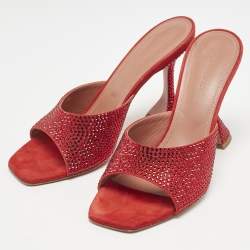 Pre Owned Amina Muaddi Red Suede Lupita Crystals Slide Sandals Size 39