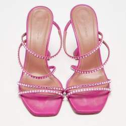Amina Muaddi Pink Satin Naima Crystals Slide Sandals Size 38.5