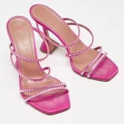 Amina Muaddi Pink Satin Naima Crystals Slide Sandals Size 38.5