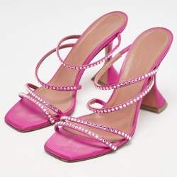 Amina Muaddi Pink Satin Naima Crystals Slide Sandals Size 38.5