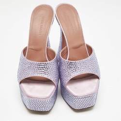 Pre Owned Amina Muaddi  Pink/Blue Satin Dalida Crystals Platform Sandals Size 37.5