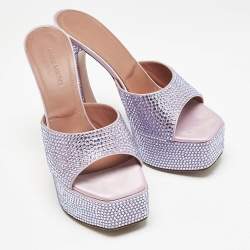 Pre Owned Amina Muaddi  Pink/Blue Satin Dalida Crystals Platform Sandals Size 37.5
