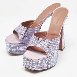 Pre Owned Amina Muaddi  Pink/Blue Satin Dalida Crystals Platform Sandals Size 37.5