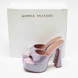 Pre Owned Amina Muaddi  Pink/Blue Satin Dalida Crystals Platform Sandals Size 37.5
