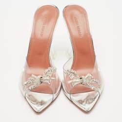 Pre Owned Amina Muaddi Silver PVC Rosie Slide Sandals Size 38.5