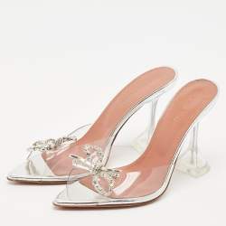 Pre Owned Amina Muaddi Silver PVC Rosie Slide Sandals Size 38.5