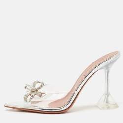 Pre Owned Amina Muaddi Silver PVC Rosie Slide Sandals Size 38.5