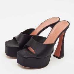 Amina Muaddi Black Satin Dalida Platform Slide Sandals Size 39