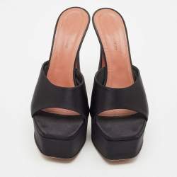 Amina Muaddi Black Satin Dalida Platform Slide Sandals Size 39