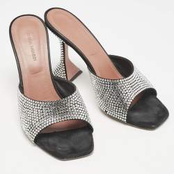 Amina Muaddi Black Suede Lupita Crystal Embellished Slide Sandals Size 38