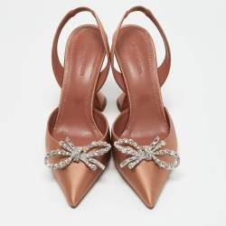 Pre Owned Amina Muaddi Beige Satin Rosie Crystal Embellished Slingback Pumps Size 37