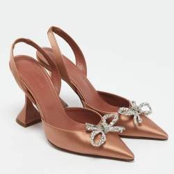 Pre Owned Amina Muaddi Beige Satin Rosie Crystal Embellished Slingback Pumps Size 37
