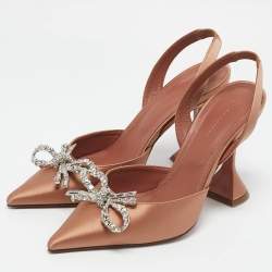 Pre Owned Amina Muaddi Beige Satin Rosie Crystal Embellished Slingback Pumps Size 37