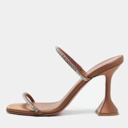 Pre Owned Amina Muaddi Beige Satin Gilda Crystal Embellished Slide Sandals Size 37.5