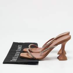 Pre Owned Amina Muaddi Beige Satin Gilda Crystal Embellished Slide Sandals Size 37.5