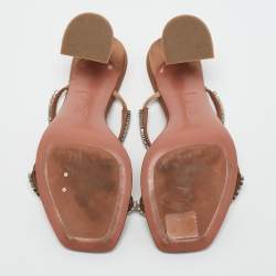 Pre Owned Amina Muaddi Beige Satin Gilda Crystal Embellished Slide Sandals Size 37.5