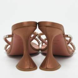 Pre Owned Amina Muaddi Beige Satin Gilda Crystal Embellished Slide Sandals Size 37.5