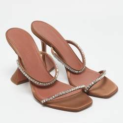 Pre Owned Amina Muaddi Beige Satin Gilda Crystal Embellished Slide Sandals Size 37.5