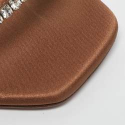 Pre Owned Amina Muaddi Beige Satin Gilda Crystal Embellished Slide Sandals Size 37.5