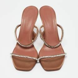 Pre Owned Amina Muaddi Beige Satin Gilda Crystal Embellished Slide Sandals Size 37.5